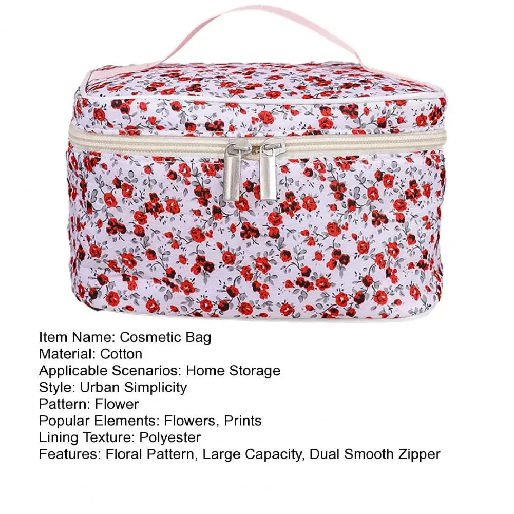 🌺 Floral Cotton Cosmetic Bag – Dual Zipper Travel Makeup Organizer Pouch