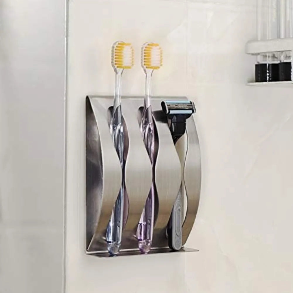 🧼 Wall Mounted Stainless Steel Toothbrush & Razor Holder – Self-Adhesive Bathroom Organizer