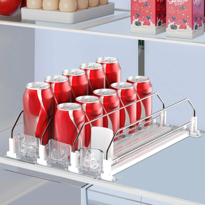 Self-sliding can dispenser for fridge storage, adjustable organizer for soda, beer, and juice
