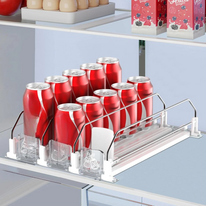 Self-sliding can dispenser for fridge storage, adjustable organizer for soda, beer, and juice
