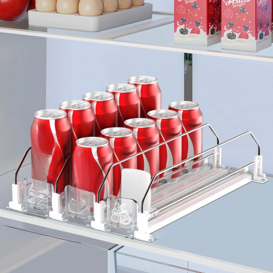 Self-sliding can dispenser for fridge storage, adjustable organizer for soda, beer, and juice
