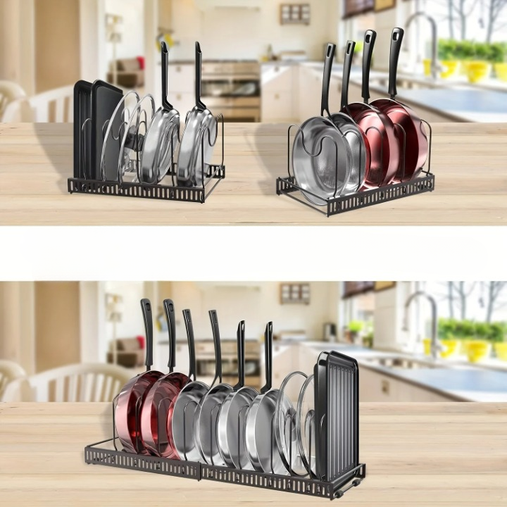 Adjustable pot and pan organizer with expandable rack and 10 movable dividers
