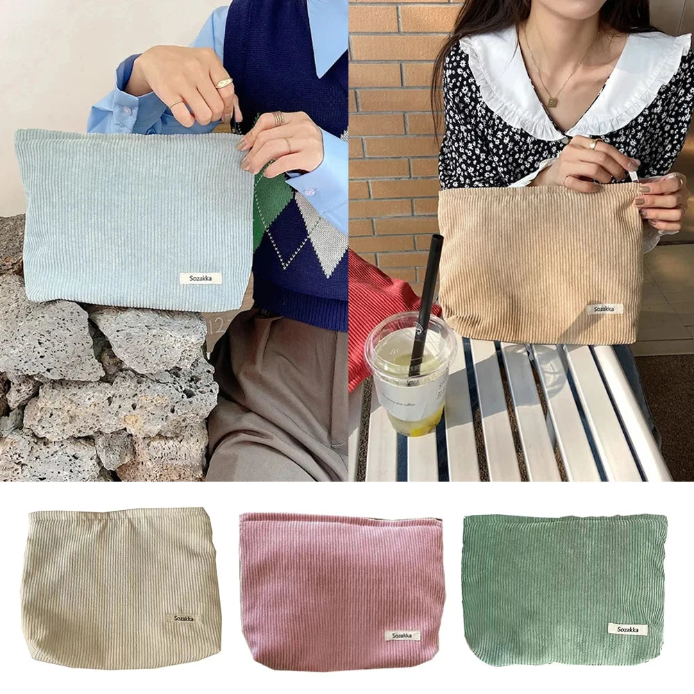 💼 Corduroy Cosmetic Travel Bag – Soft Zipper Makeup Pouch for Women (Large Capacity)