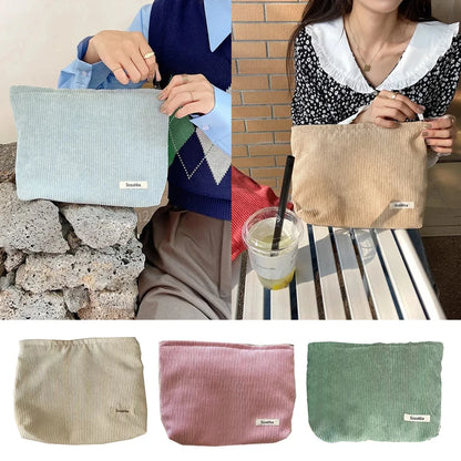 💼 Corduroy Cosmetic Travel Bag – Soft Zipper Makeup Pouch for Women (Large Capacity)