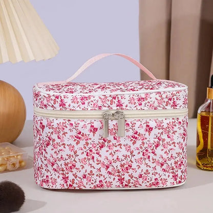 🌺 Floral Cotton Cosmetic Bag – Dual Zipper Travel Makeup Organizer Pouch