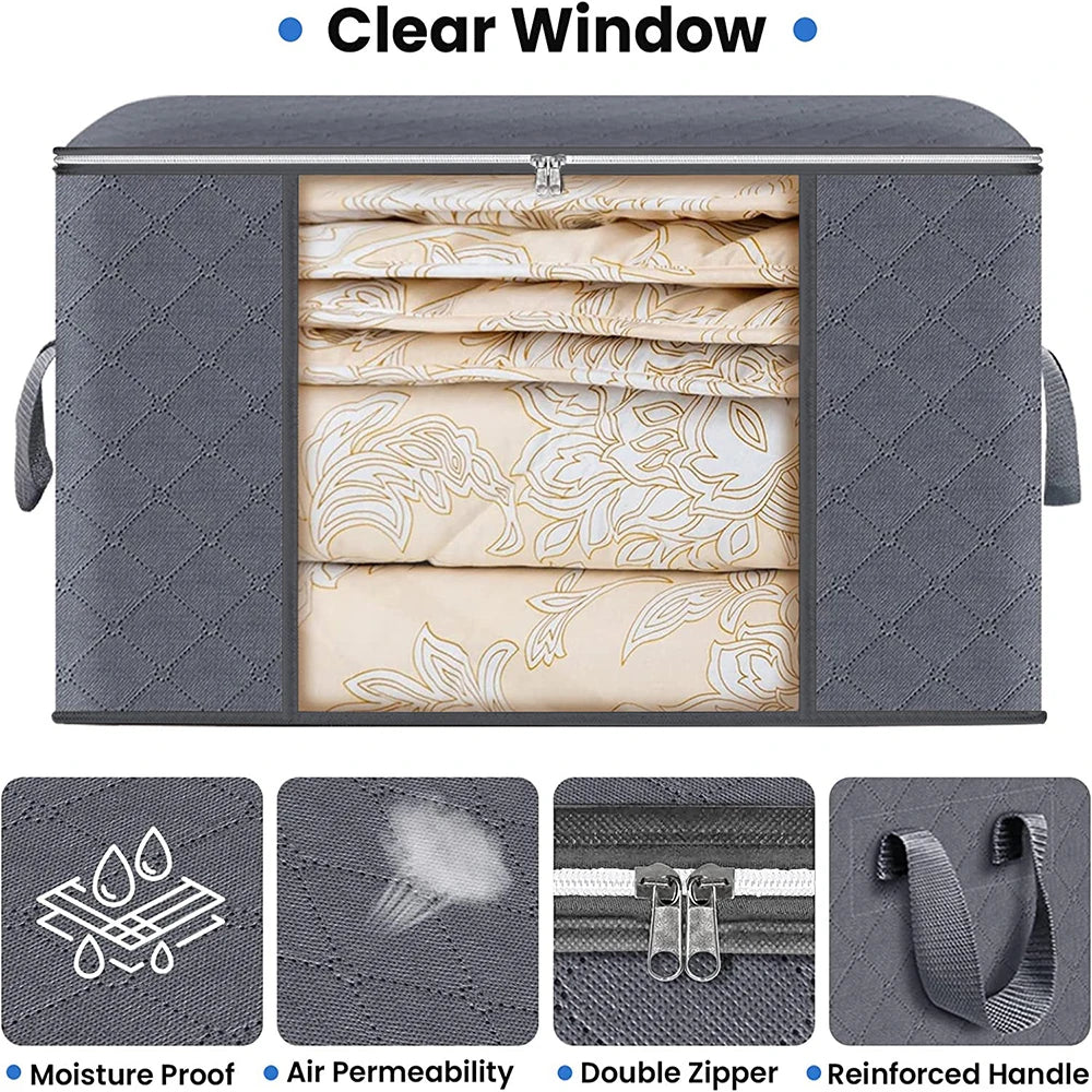 Large capacity foldable clothes storage bag for blankets, bedding, and seasonal clothing, made from durable non-woven fabric.
