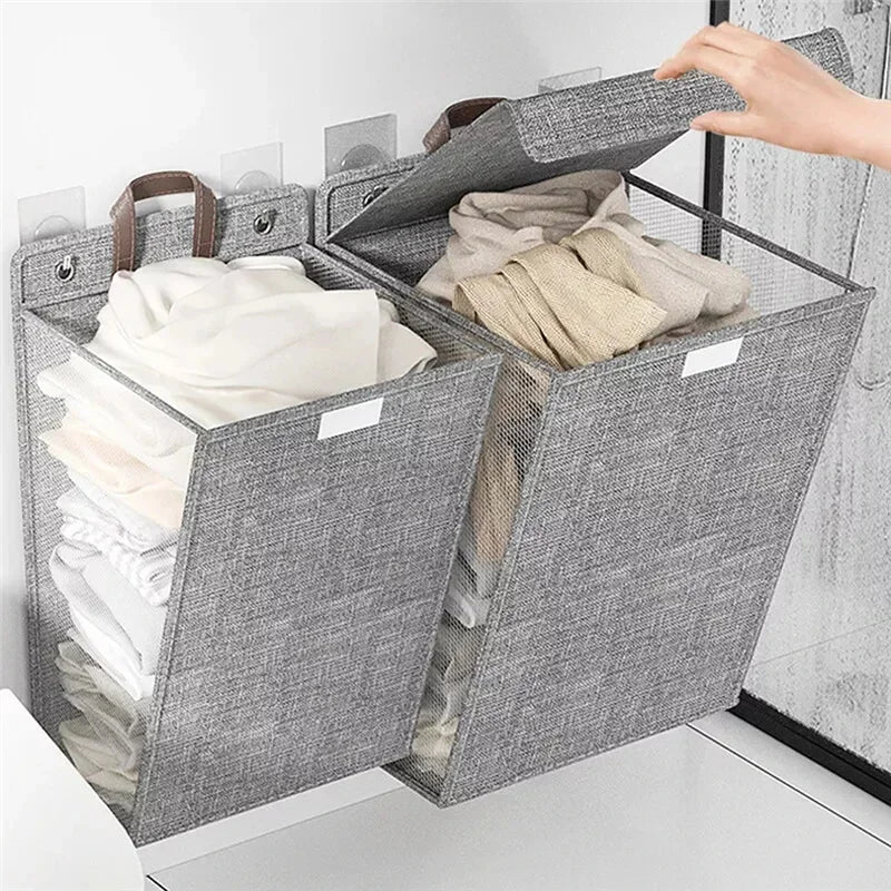 Foldable wall-mounted laundry hamper with adhesive hooks, breathable mesh design for organized laundry storage
