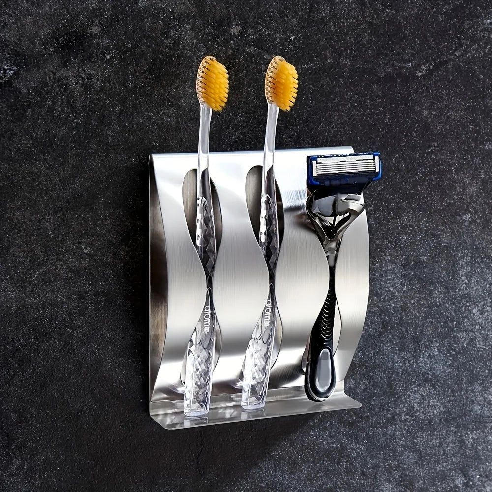 🧼 Wall Mounted Stainless Steel Toothbrush & Razor Holder – Self-Adhesive Bathroom Organizer