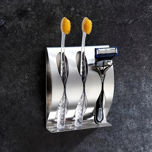 🧼 Wall Mounted Stainless Steel Toothbrush & Razor Holder – Self-Adhesive Bathroom Organizer