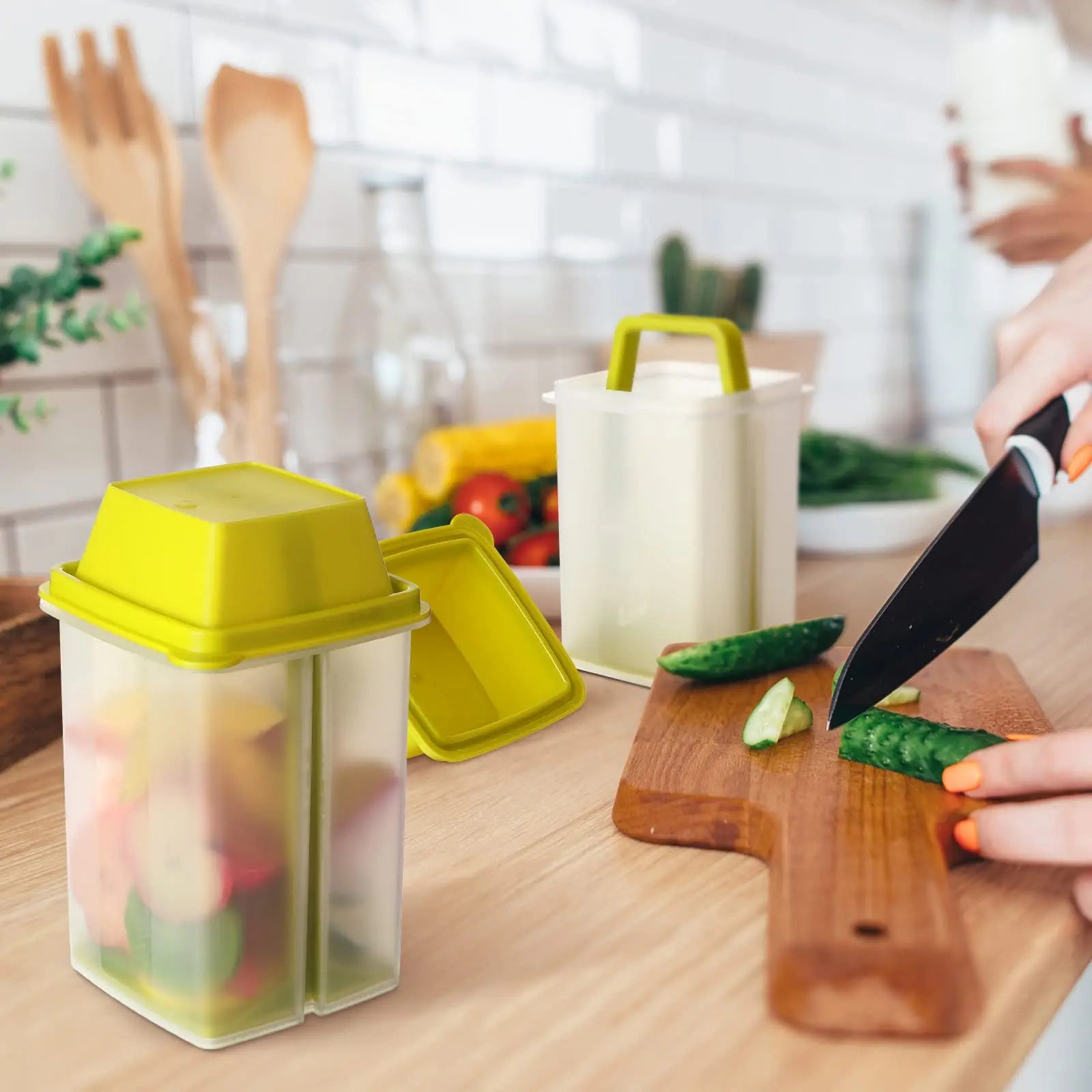 Reusable pickle jar with built-in strainer, BPA-free material, easy-to-open lid, for storing and serving pickles, olives, and condiments.  
