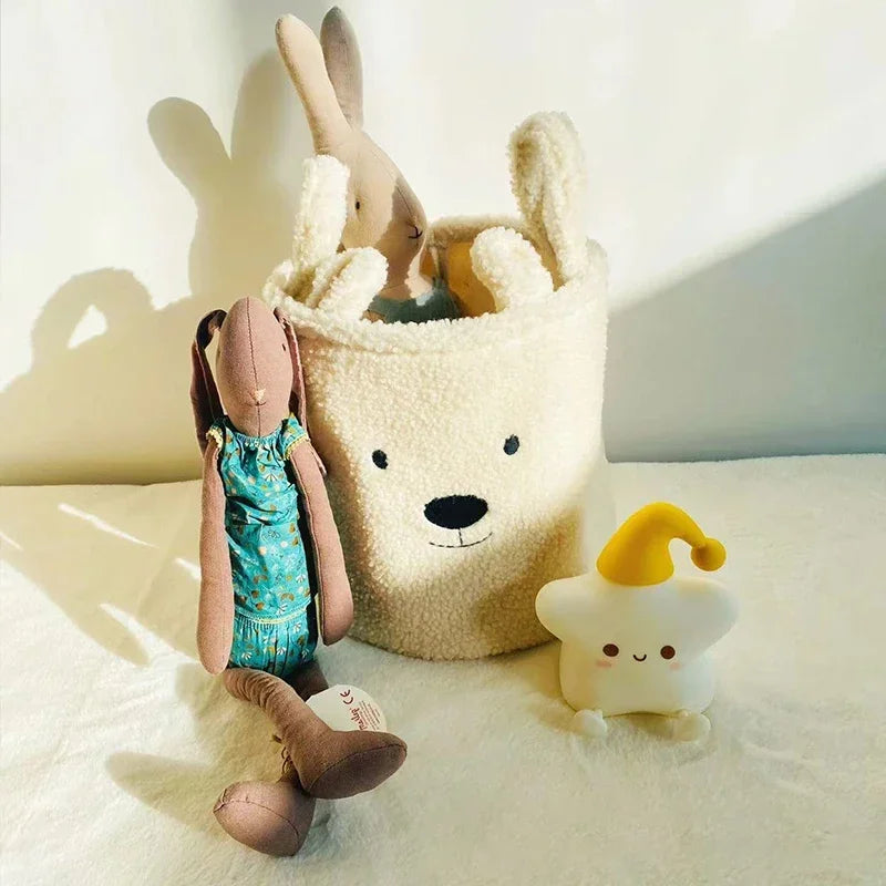 Cute bear canvas storage basket with soft lambswool, perfect for toys, laundry, and home organization.
