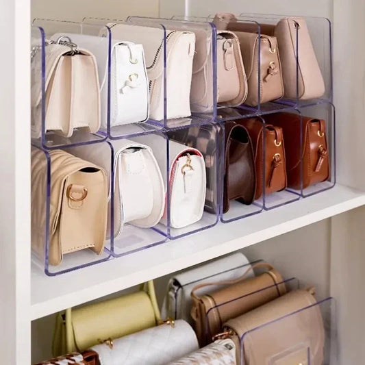 Transparent acrylic handbag organizer rack with dividers for women’s closet