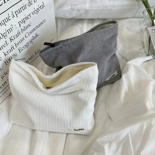 💼 Corduroy Cosmetic Travel Bag – Soft Zipper Makeup Pouch for Women (Large Capacity)