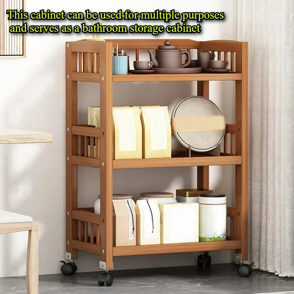 🪵 Wooden 3-Tier Storage Rack – Rolling Organizer for Kitchen & Living Room 🛋️🚚