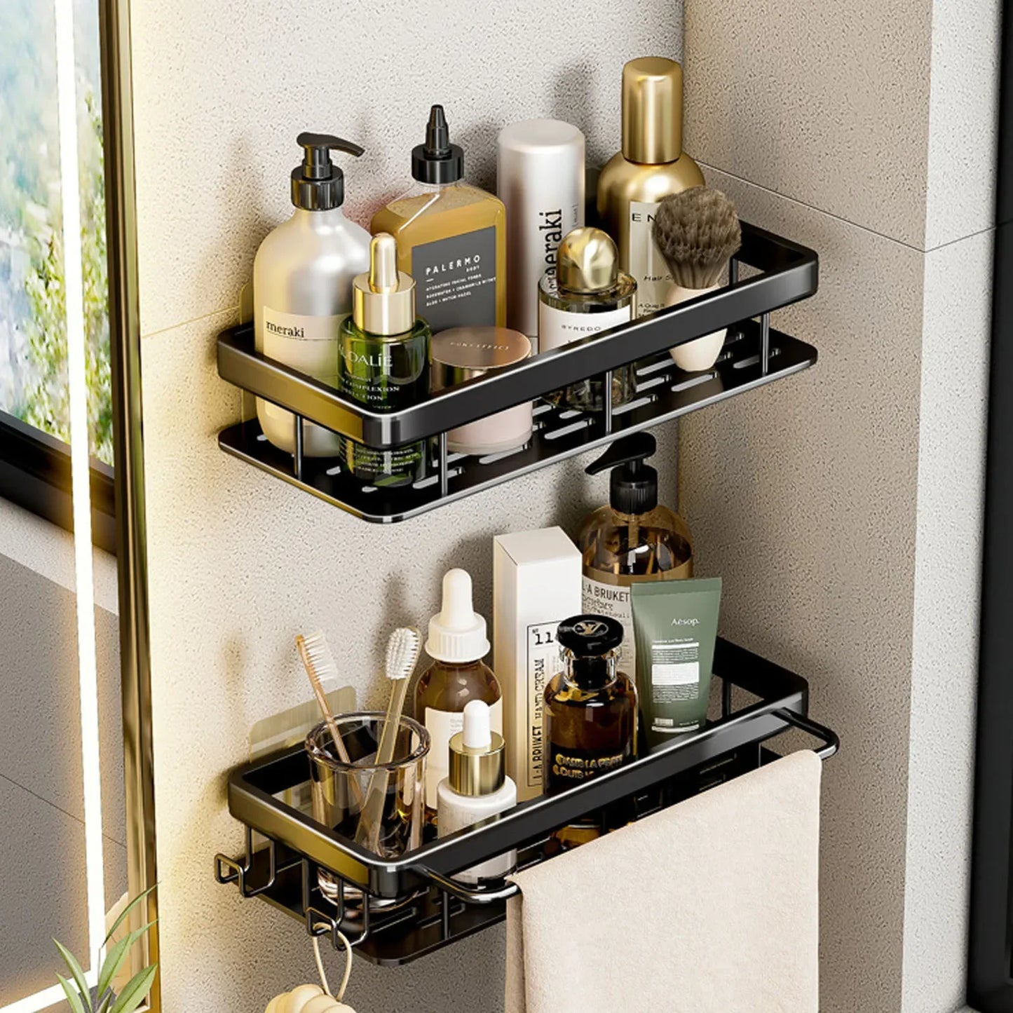 🛁 No-Drill Wall Mounted Bathroom Shelf – Aluminium Corner Storage Rack for Shower, Kitchen, & Toiletries