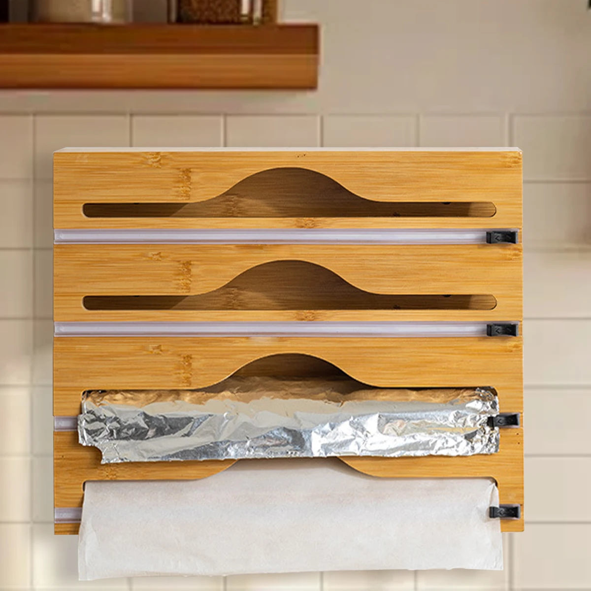 Bamboo kitchen wrap dispenser with foil cutter and bag holder