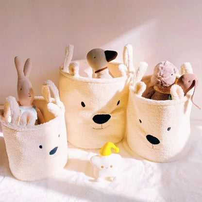 Cute bear canvas storage basket with soft lambswool, perfect for toys, laundry, and home organization.
