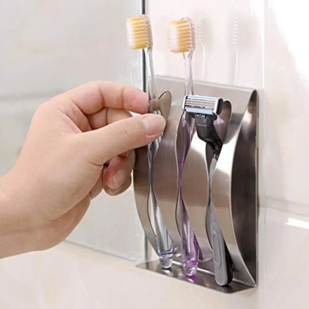 🧼 Wall Mounted Stainless Steel Toothbrush & Razor Holder – Self-Adhesive Bathroom Organizer