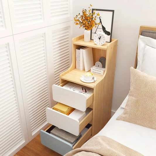 🛏️ Slim Wooden Bedside Table – 3-Drawer Modern Nightstand for Bedrooms 🌙
