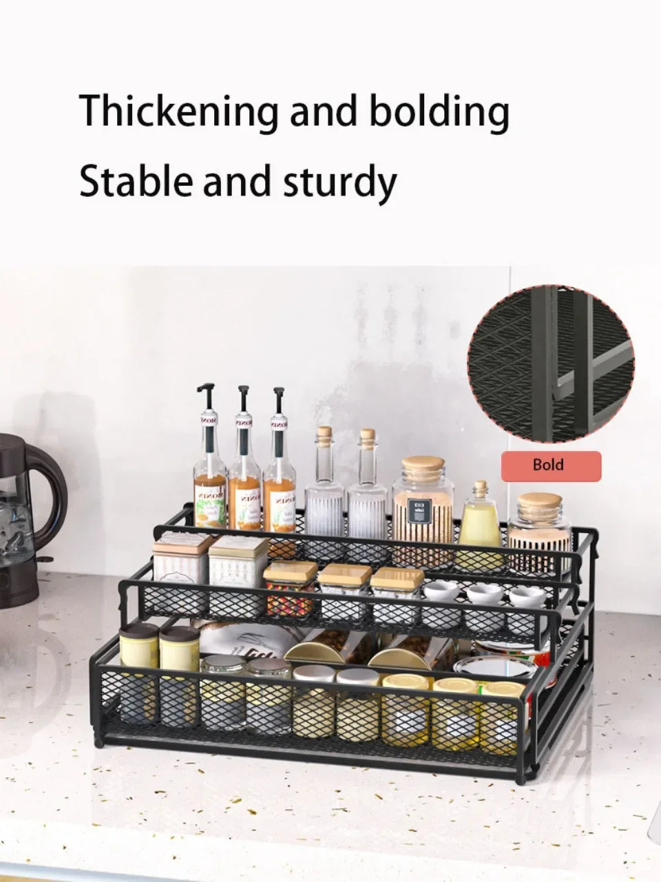 3-Tier Foldable Kitchen Storage Rack – Sleek Black Organizer