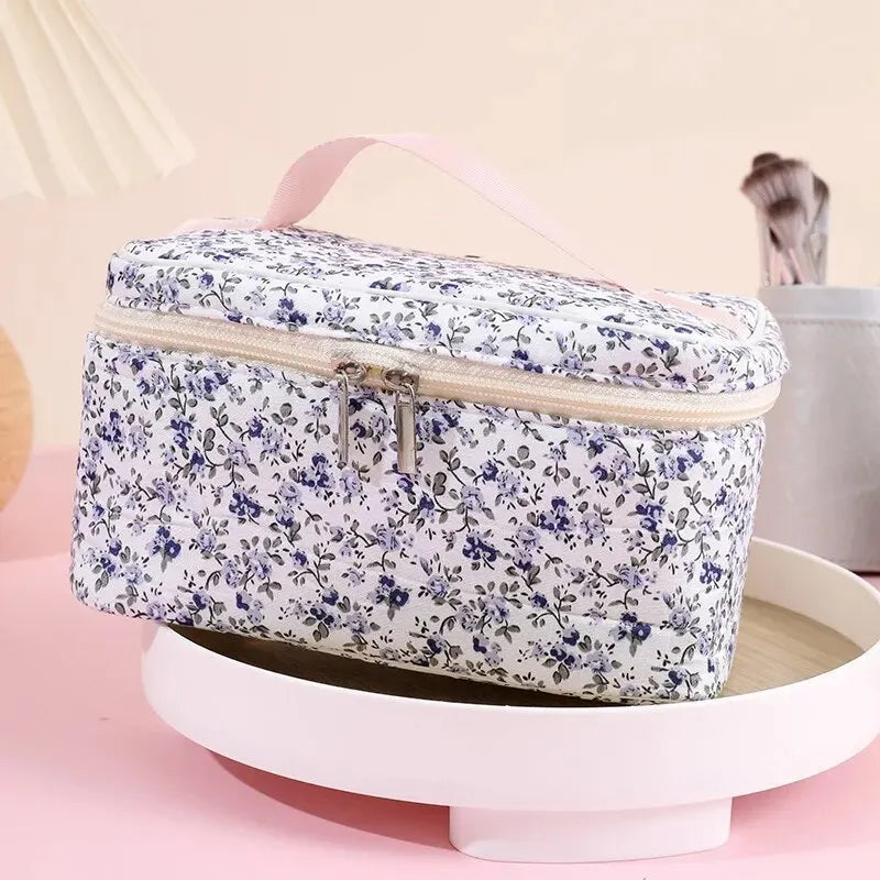🌺 Floral Cotton Cosmetic Bag – Dual Zipper Travel Makeup Organizer Pouch