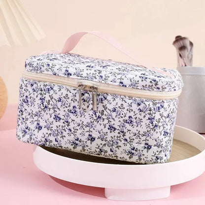 🌺 Floral Cotton Cosmetic Bag – Dual Zipper Travel Makeup Organizer Pouch