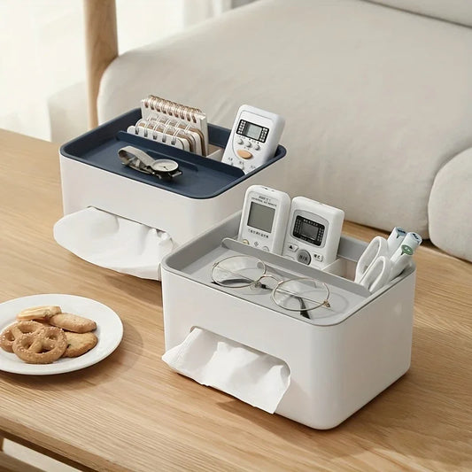 Desktop organizer tissue box with compartments for remotes, phones, and stationery
