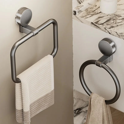 No-drill suction cup towel ring for bathroom or kitchen, made from aluminum alloy with strong hold.
