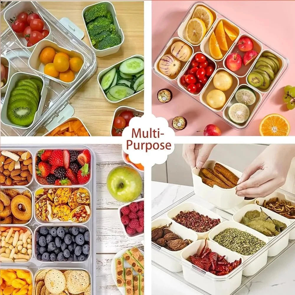 8-grid food storage box with lid, removable compartments, portable handle, food-safe plastic, for snacks, fruits, and meal prep organization.  
