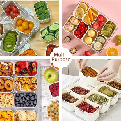8-grid food storage box with lid, removable compartments, portable handle, food-safe plastic, for snacks, fruits, and meal prep organization.  
