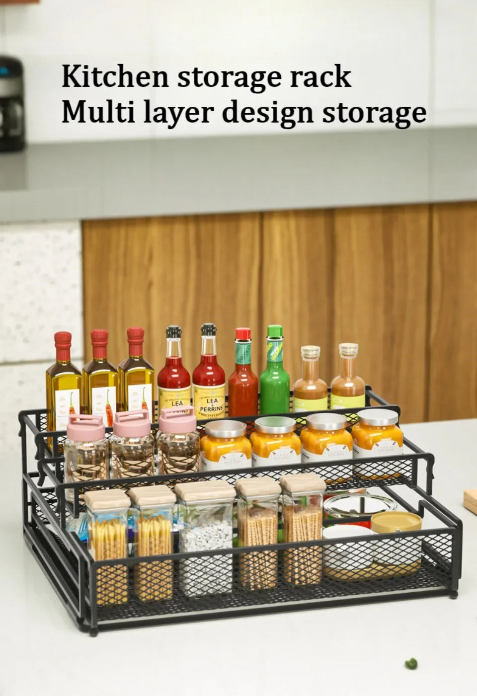 3-Tier Foldable Kitchen Storage Rack – Sleek Black Organizer