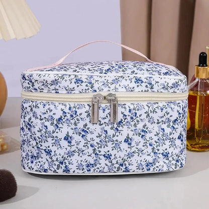🌺 Floral Cotton Cosmetic Bag – Dual Zipper Travel Makeup Organizer Pouch