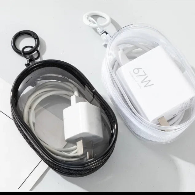 Transparent travel cable organizer case for chargers, earphones, and accessories, waterproof PVC with compact portable design.

