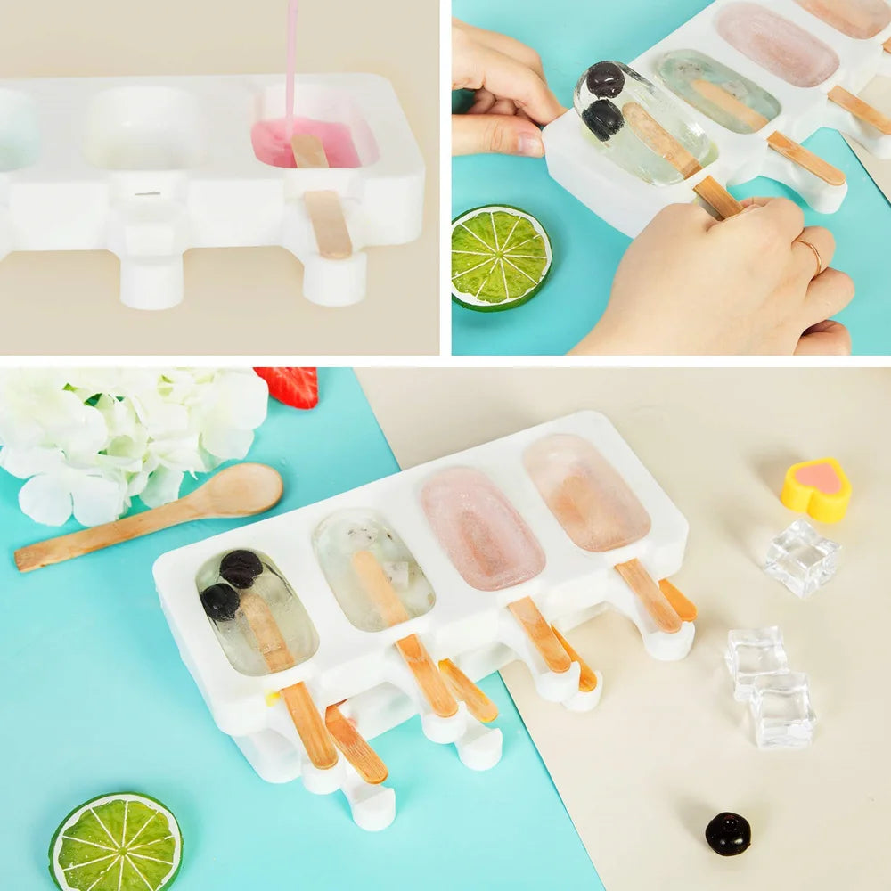 3-piece silicone popsicle mold set with wooden sticks for making ice cream, cake pops, and frozen desserts.
