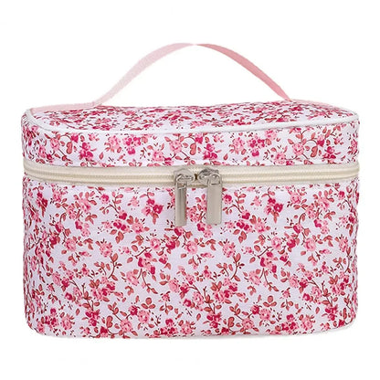 🌺 Floral Cotton Cosmetic Bag – Dual Zipper Travel Makeup Organizer Pouch