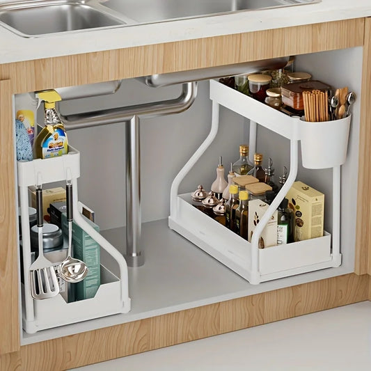 2-tier pull out storage box large capacity organizer for kitchen, bathroom, and home essentials
