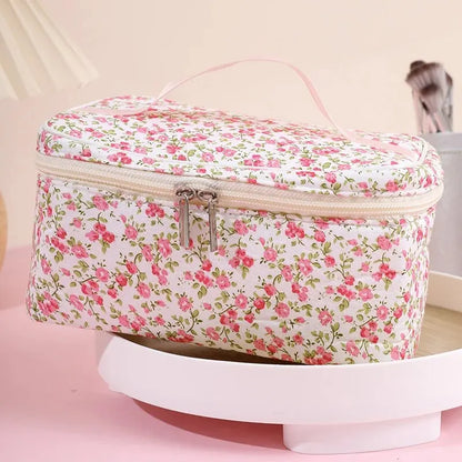 🌺 Floral Cotton Cosmetic Bag – Dual Zipper Travel Makeup Organizer Pouch