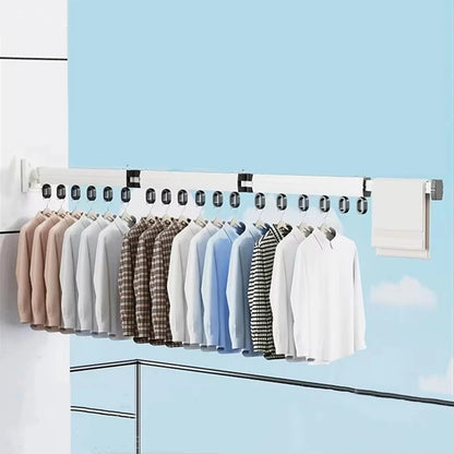Retractable aluminum wall-mount drying rack for clothes and towels, foldable space-saving laundry hanger.
