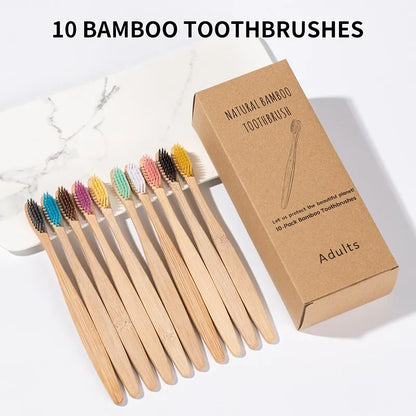 🪥 Bamboo Toothbrush Set – 10Pcs Eco-Friendly Wooden Brushes 🪥