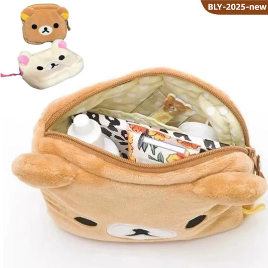 Rilakkuma plush makeup organizer bag with zipper – cute cartoon cosmetic storage