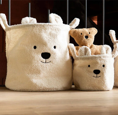 Cute bear canvas storage basket with soft lambswool, perfect for toys, laundry, and home organization.
