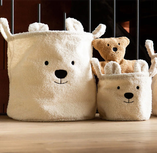 Cute bear canvas storage basket with soft lambswool, perfect for toys, laundry, and home organization.
