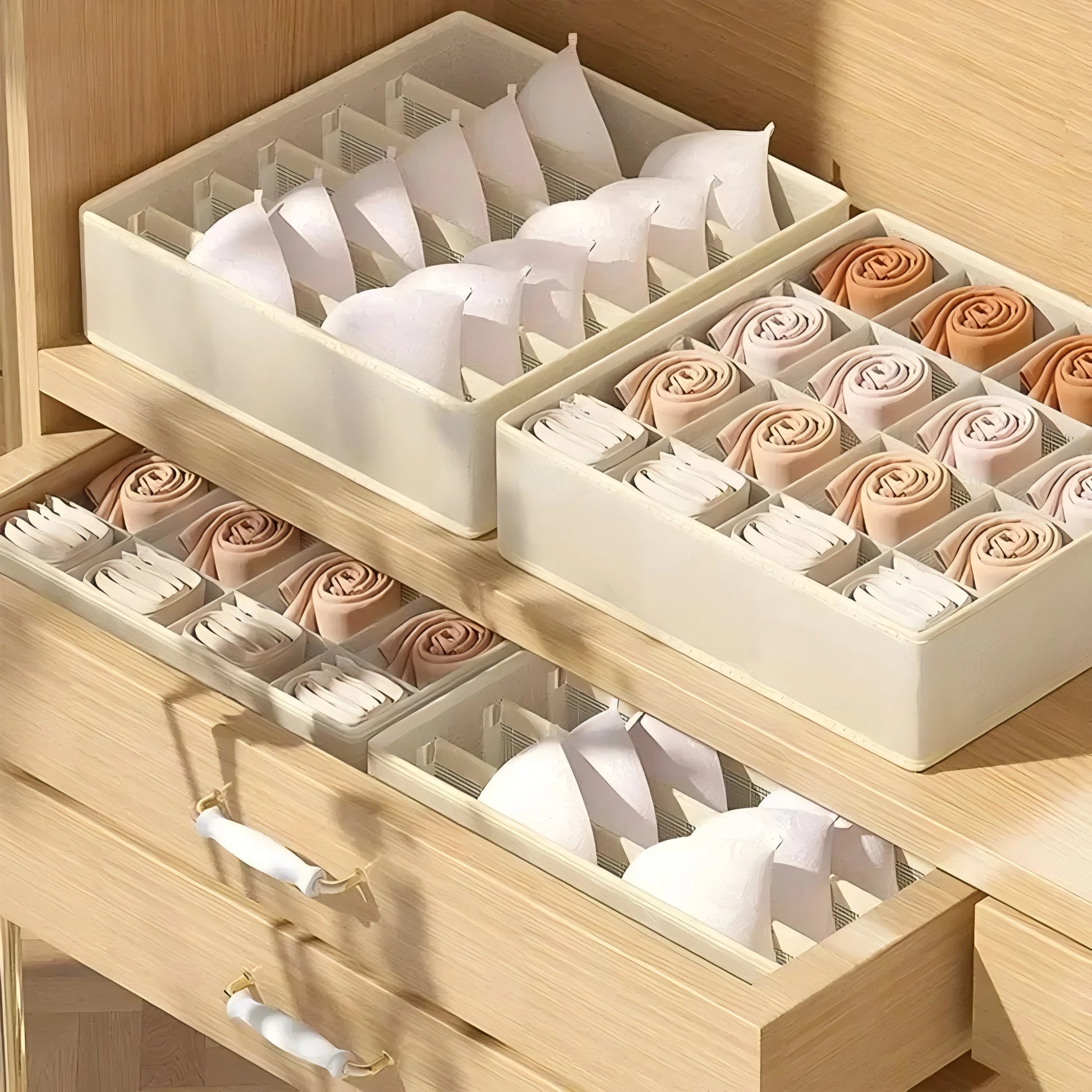 Underwear and socks drawer organizer with multiple compartments, fits in closets and wardrobes, space-saving storage solution.  
