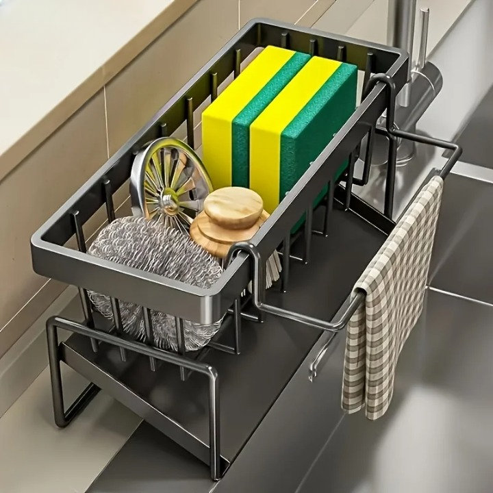 Sink caddy organizer with self-draining design for sponges, brushes, and kitchen tools
