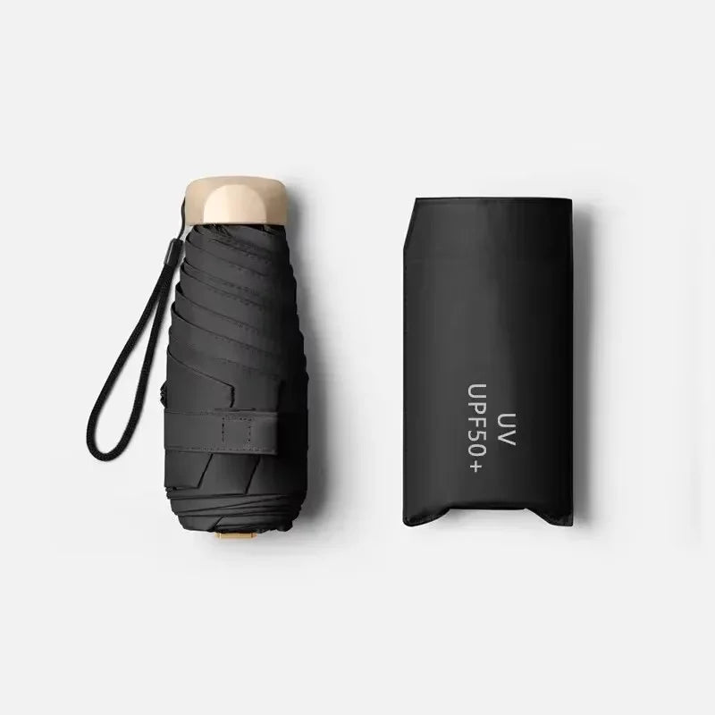 Compact foldable umbrella for sun and rain with UV protection, portable and stylish design