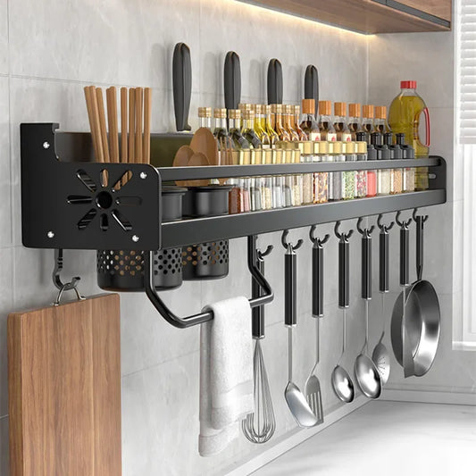 Kitchen wall-mounted knife and spice rack organizer with utensil and chopstick holders
