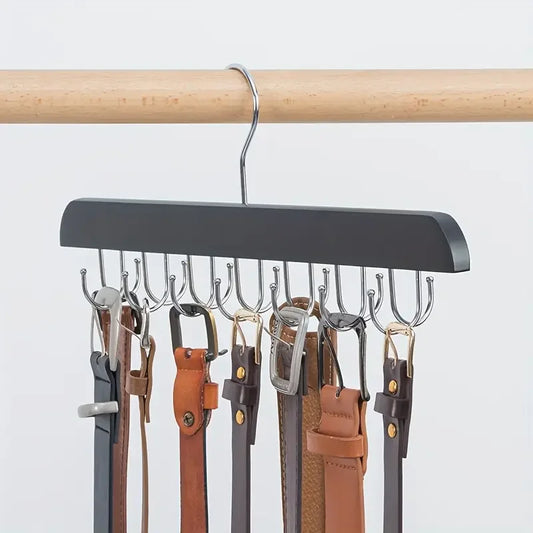 👚 Wooden Hanger with 20 Foldable Hooks – Space-Saving Belt & Accessory Organizer