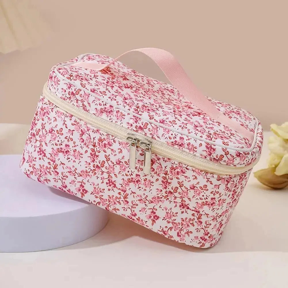 🌺 Floral Cotton Cosmetic Bag – Dual Zipper Travel Makeup Organizer Pouch