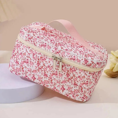 🌺 Floral Cotton Cosmetic Bag – Dual Zipper Travel Makeup Organizer Pouch
