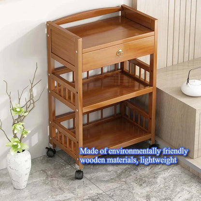 🪵 Wooden 3-Tier Storage Rack – Rolling Organizer for Kitchen & Living Room 🛋️🚚